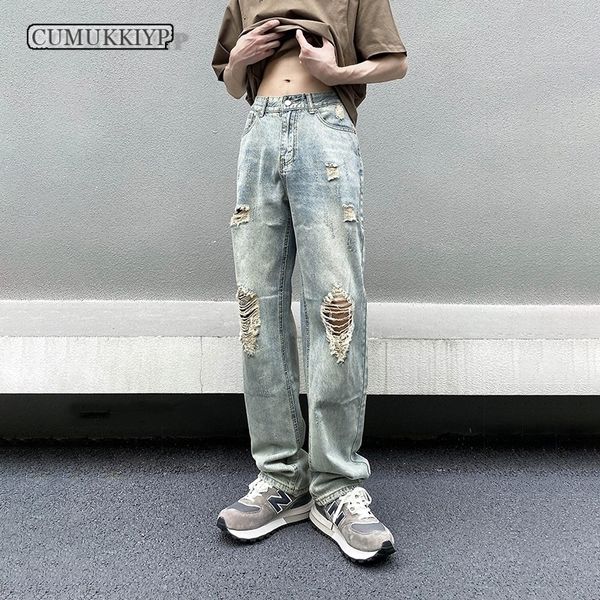 

men's jeans cumukkiyp fashion streetwear ripped men y2k baggy hosen wide leg denim pants washed vintage blue 230810