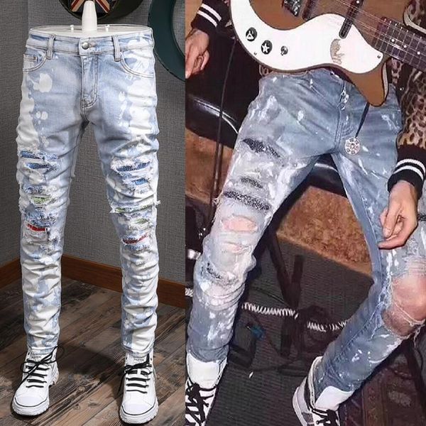 

blue crystal rhinestone trim fit denim jeans men distressed patches245y