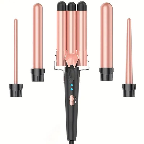 

hair waver curling iron, 3 barrel hair crimper iron, 5-in-1 curling wand with fast heating up, crimper wand curler for all hair types, inclu, Black