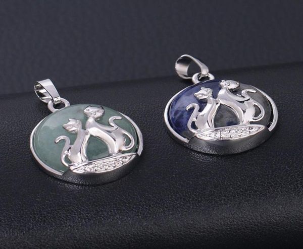 

qimoshi cute crystal double cat play double side pendant necklace natural stone moon couple jewelry gift female animal necklace2975124, Silver