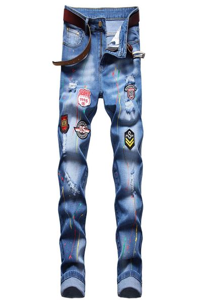 

casual slim embroidered badge men039s jeans 2022 new fashion personality streetwear nostalgic stretch ripped patch denim pants5812943, Blue