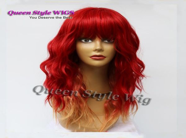 

new arrival medium length heat resistant wig synthetic water deep curly wave two tone ombre mermaid red hair wig wigs with bangs7065083, Black