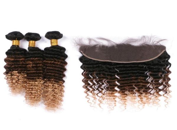

1b427 honey blonde ombre virgin brazilian human hair weaves with frontal deep wave 3tone ombre 13x4 full lace frontal with 3bund8172269, Black;brown
