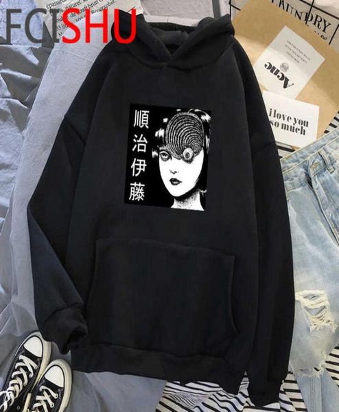 

junji ito horror funny cartoon winter warm hoodies men harajuku manga japanese anime sweatshirt hip hop streetwear hoody male x0614920092, Black