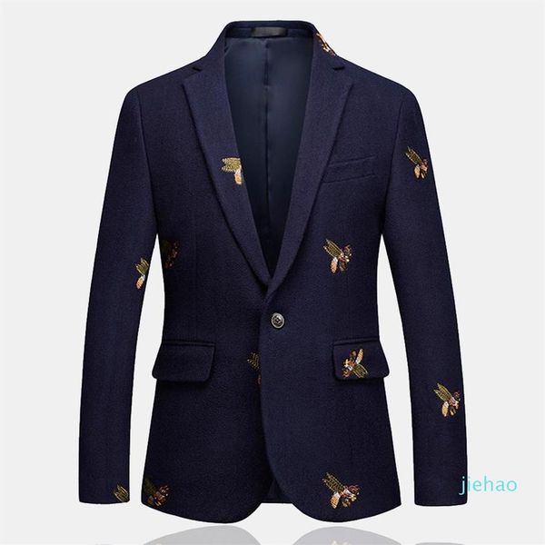 

fashion- mens one button blazer bee embroidery wedding smart casual slim fit jacket big size 6xl navy blue clothes ma208u, White;black