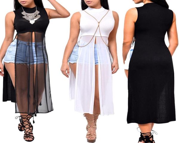 

casual dress summer new women039s long elegant party slim sleeveless beach dress for female oneck mesh split dresses black5744364, Black;gray
