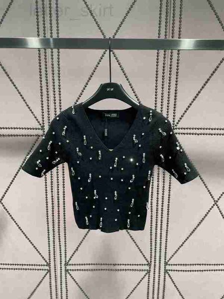 

women's hoodies & sweatshirts designer new pure desire heavy industry water diamond nail bead v-neck short sleeve slim fit knitted age, Black