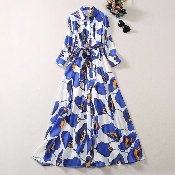 

european and american women's clothing 2023 autumn new lapel nine-quarter sleeve blue print fashion pleated dress with belt xxl, Black;gray