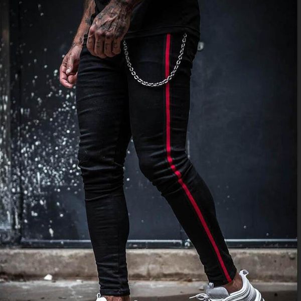 

skinny jeans men fashion side stripe slim fit solid denim pencil pants men casual stretch mid waist black jeans pantalon homme303m, Blue