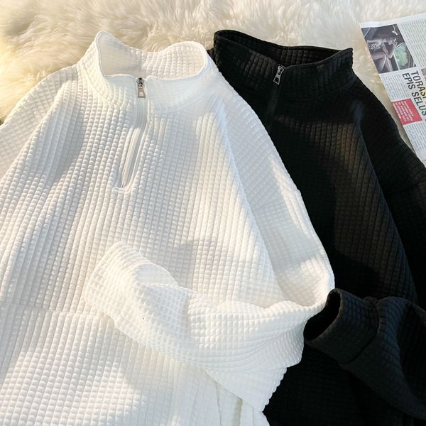 

men's hoodies sweatshirts gmiixder half zip sweatshirt men spring autumn hong kong style bf waffle turn down collar korean loose long s, Black