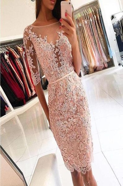 

pink short prom dresses sheer neck half sleeves knee length lace party dresses sheath short evening gowns open back homecoming dre3868780, Black