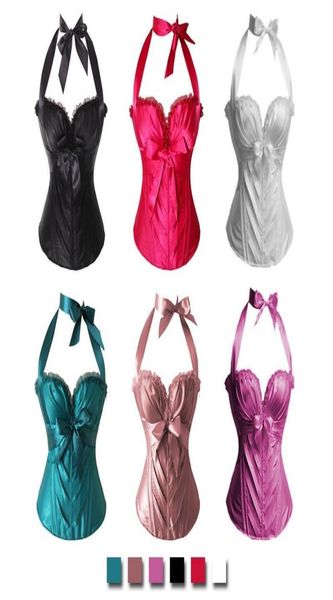 

women victorian side zipper satin halter overbust corset laceup padded bustier with bow accent fashion bridal lingerie multicolor5361871, Black;white