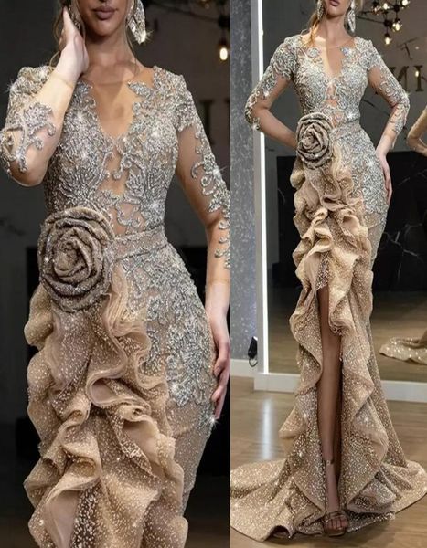 

2022 sparkly champagne prom dresses jewel illusion neck mermaid sequins long sleeves plus size evening gowns court train6608046, Black