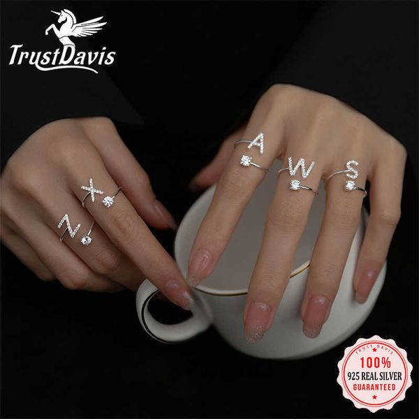 

trustdavis real 925 sterling silver rings for women wedding party jewelry 26 letter clear cz opening ring fine da3121