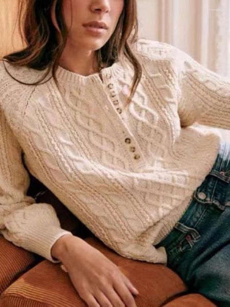 

women's sweaters 2023 autumn winter round neck cross crochet button cotton knitted women pullover sweater, White;black
