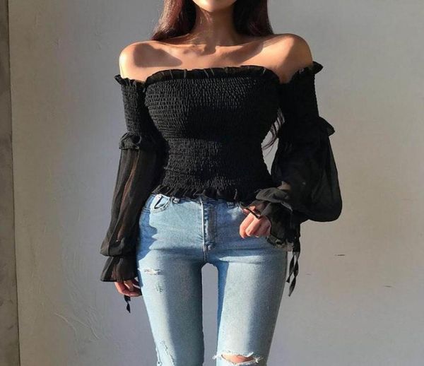 

solid color pleated bow fashion women ladies long sleeve off shoulder cropped blouse shirt lace up corset whiteblack3870472, White