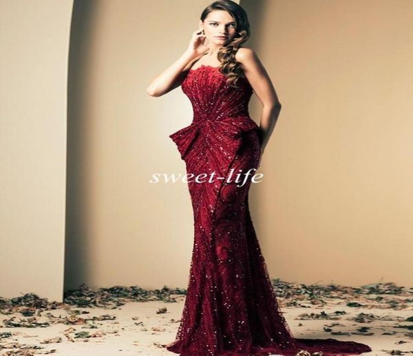 

ziad nakad evening dresses 2019 vintage burgundy strapless crystals beads floor length luxury mermaid celebrity pageant dresses pr2632158, Black;red