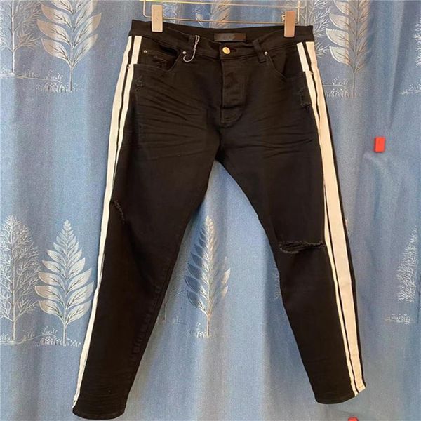

mens jeans designer bags white stripe off 2022ss jean arrival vintage style hole fashion men slim motorcycle biker causal h250i, Blue