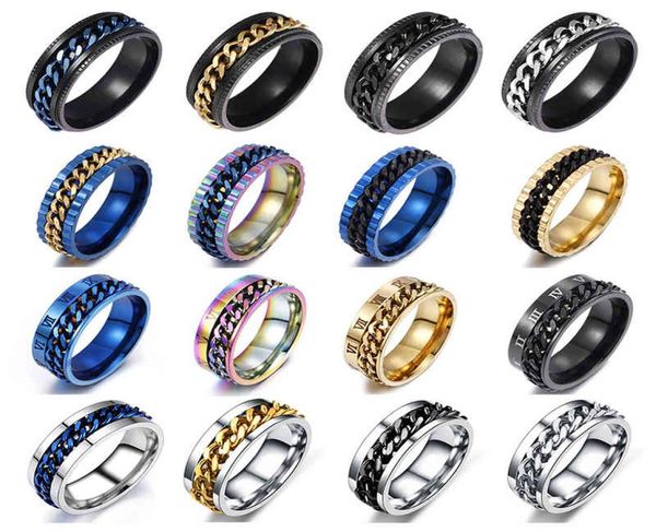 

shouman 8mm stainless steel black blue spinner rotatable chain rings for men women charm wedding band custom engrave name gift1297558, Golden;silver
