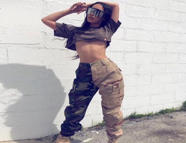 

high waist spliced camo cargo pants women joggers trousers street style loose button sports pant side pockets for female3666849, Black;white