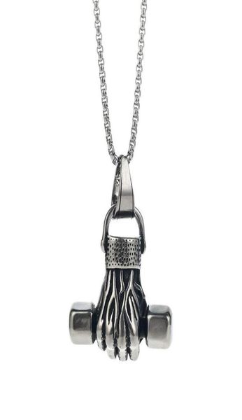 

pendant necklaces personality creative titanium steel necklace does not fade fitness fist dumbbell sports punk hip hop power jewel5889040, Silver