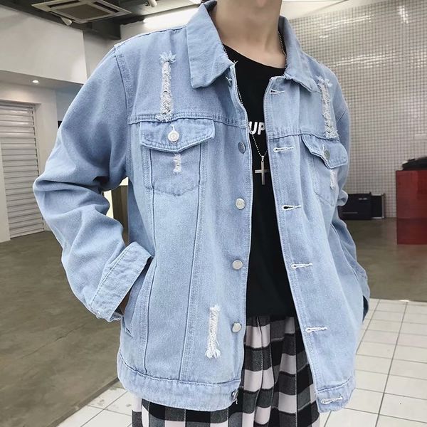 

mens jackets summer autumn jean jacket regular ripped hole cotton denim blue lapel long sleeve male coats men outwear 230810, Black;brown