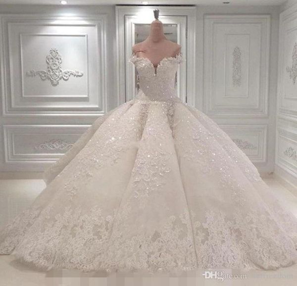 

2020 vestido de noiva ball gown wedding dresses off the shoulder cathedral train lace appliques bridal gown for church custom made9661611, White