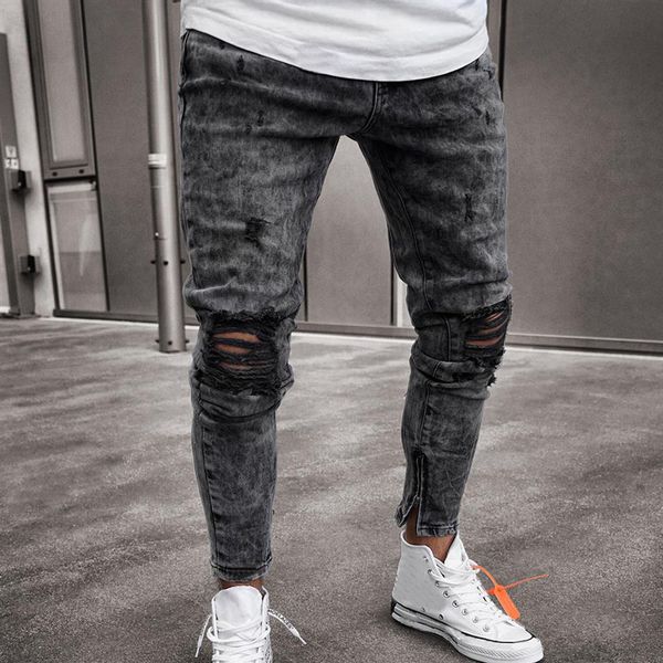 

feitong jeans men men clothes skinny stretch denim pants distressed ripped freyed slim fit jeans trousers of male319a, Blue