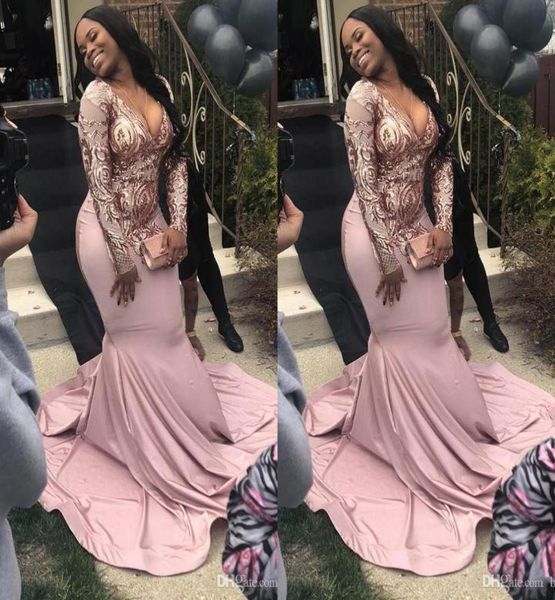 

black girls v neck satin formal long evening dresses 2019 long sleeves sequins lace sweep train mermaid prom dresses party wea1919149, Black;red