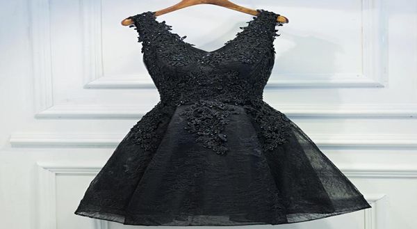 

black party dresses lace prom dresses vneck sleeveless laceup back knee length evening gowns applique with beads quinceaner1875552