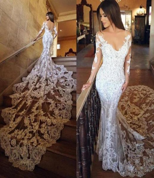 

backless mermaid wedding dresses long sleeves lace appliqued v neck court train beach wedding gowns bohemian vestido de novia2900576, White