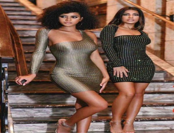 

2019 new women black grey one shoulder long sleeve bodycon vestidos celebrity evening party bandage dress drop5982059, Black;gray