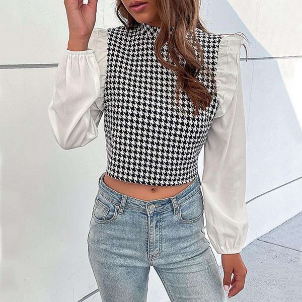 

autumn short houndstooth t shirt long sleeve flare splicing for women, White