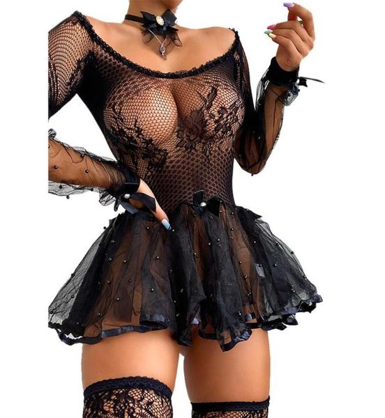 

female dress lace floral bras sets round neck long sleeve hollow out 1piece lingerie for summer black3210422, Red;black