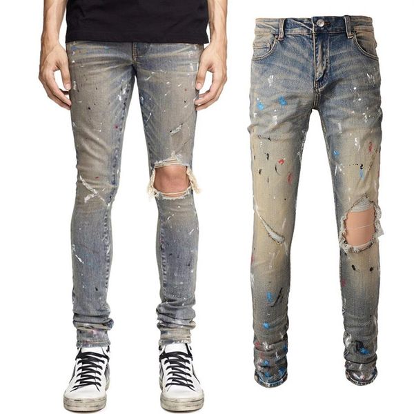 

plus size 38 denim jeans men's painted destory hole slim fit242x, Blue