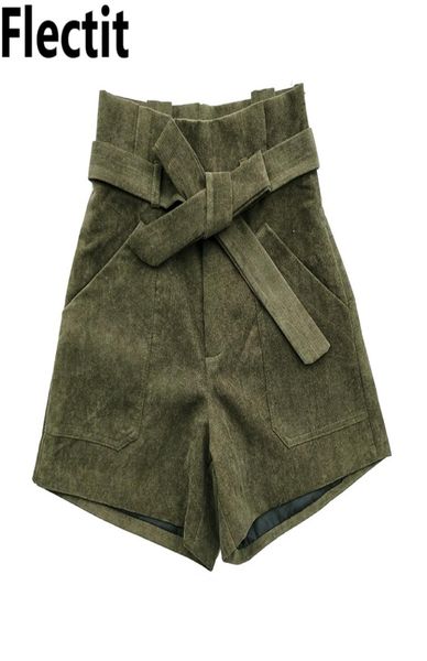 

flectit 2019 women corduroy shorts with tie belt pocket high waisted paperbag shorts ladies cord shorts6623098, White;black