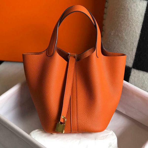 

a designer tote bag her mas handbag vegetable basket large capacity lock travel women picotin solid cowhide picotins bucket fashion handbags