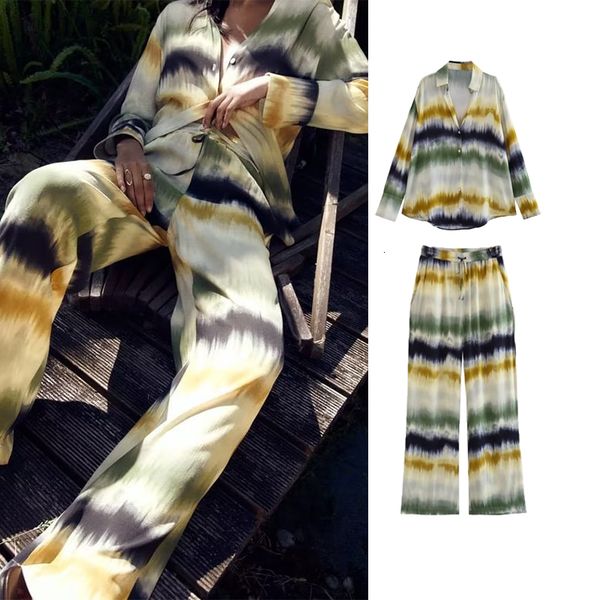 

women's tracksuits traf women pants two piece sets 2023 fashion tie dye blouse summer suit straight casual 2 pieces woman outfits 23081, Gray