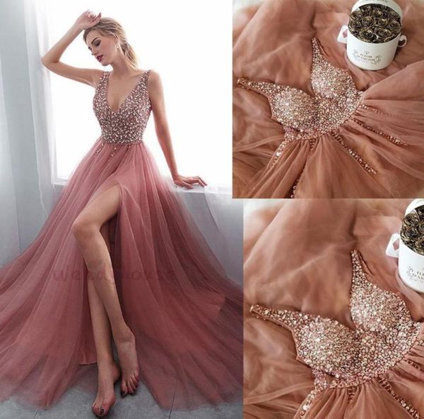 

sparkly dusty rose champagne deep v neck evening prom dress crystal beaded side split high beaded sequin party formal gowns pagean7385016, Black;red