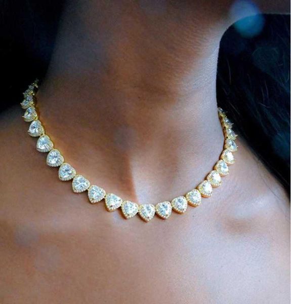 

iced out bling 5a cubic zirconia heart cz cluster necklace for women girlfriend lover heart cz tennis chain choker necklace2117534, Golden;silver