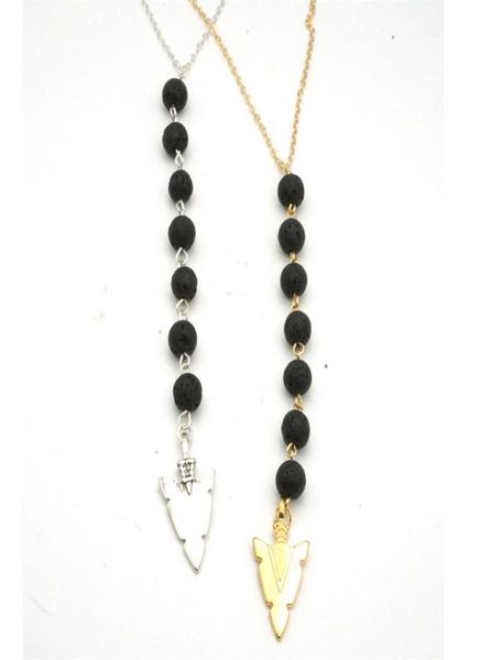 

fashion mini black lava stone beads diy essential oil perfume diffuser pendant long necklace arrowhead charms jewelry women gift8381166, Silver
