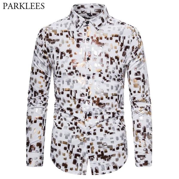 

men's casual shirts shiny plaid bronzing mens dress 2021 fashion colorful printed shirt for men button streetwear camisas par303g, White;black