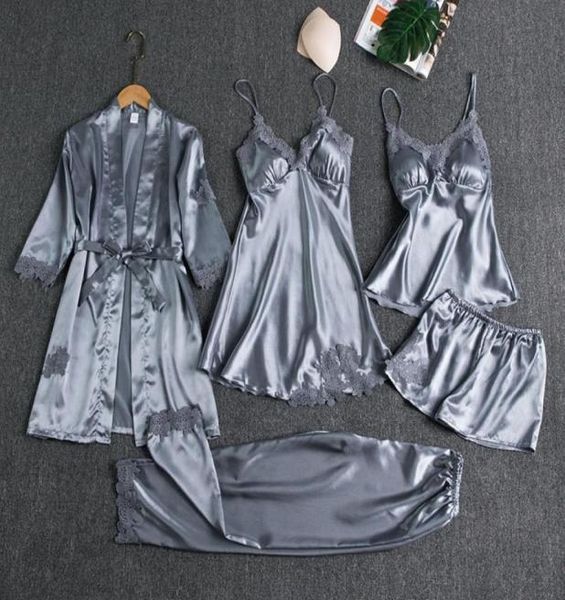 

set pajamas women039s 5piece satins pyjamas lace bridal wedding nightwear satin nighty robe home54152193074162, Black;red