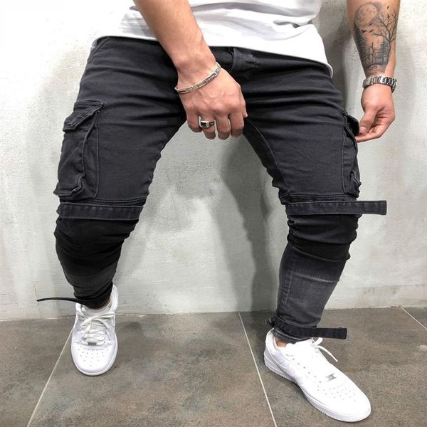 

mens black denim slim fit jeans male skinny pencil pants casual cargo pants trousers with pockets straps 198q, Blue
