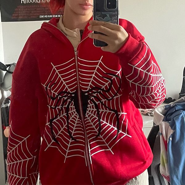 

mens hoodies sweatshirts spider web red graphic clothing warm harajuku vintage grunge y2k zip up hoodie for men and women sweatshirt 230810, Black