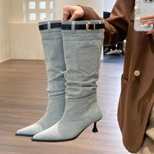 

2023 autumn and winter new fashion style pointed denim leather buckle boots women's fashion pocket boots 230811, Black