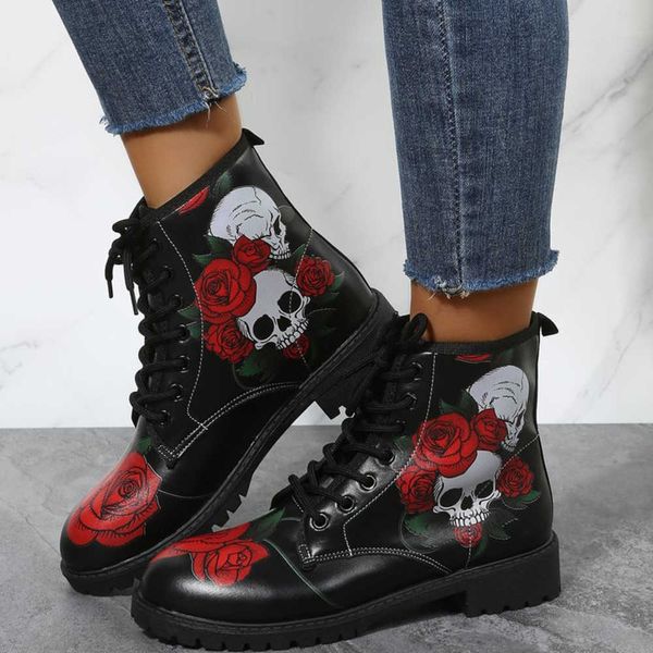 

2023 autumn/winter martin boots lace up printing short boots women's large leather boots low sleeve 230811, Black