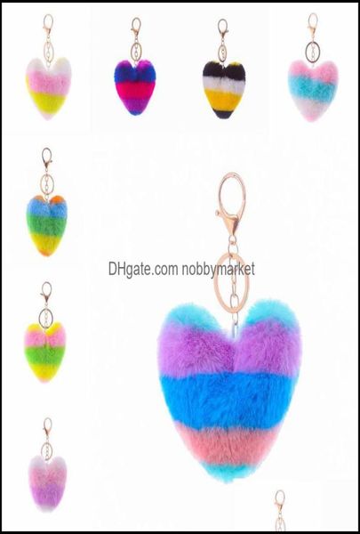 

key rings jewelry faux soft rabbit pom heart keychain alloy mticolor fluffy fur ball keychains for women cellphone bag purse charm6495665, Slivery;golden