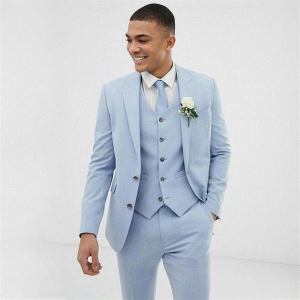 

light blue wedding men suits slim fit linen tuxedos groom wear terno 3 piecesjacket pants vest bridegroom blazer costume homme m270n, White;black