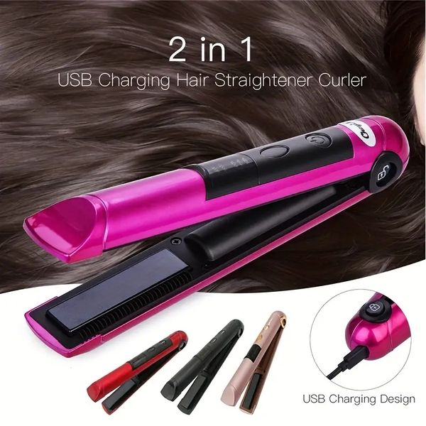 

2 in 1 flat iron usb wireless hair straightener portable professional cordless roller curler ceramic fast heating styling tools